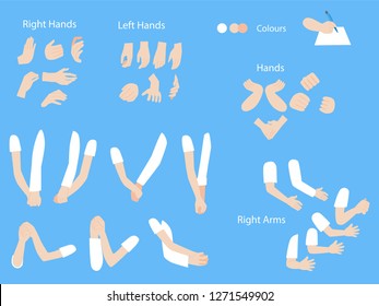 Set of human hands with different gestures collection for design, animation,Palm and finger draw icons, skin, white Long sleeved shirt, arm on blue background, flat style cartoon vector illustration.