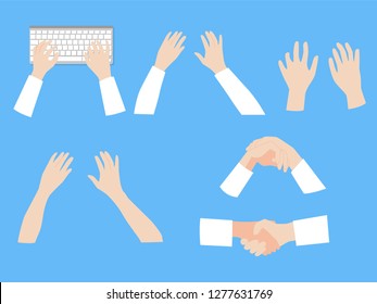 Set of human hands with different gestures collection for design , animation,Typing on keyboard, white Long sleeved shirt, arm on blue background, flat style cartoon vector illustration.