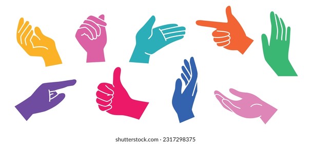 Set of human hands. Different gestures
