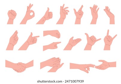 Set of human hands with different gestures. Hands in different angles of poses. Vector illustration