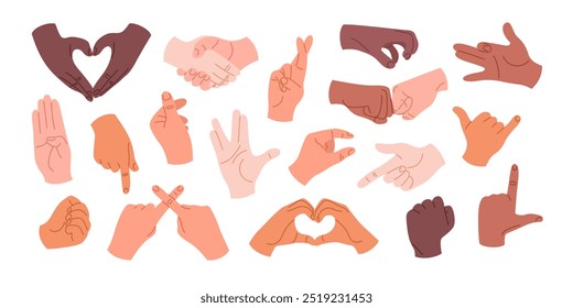 Set of human hands with different gestures and positions. Hands with different skin tones showing heart, handshake, greeting, fist and other signs. Isolated vector illustrations on a white background.