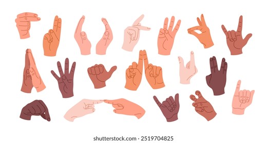 Set of human hands with different gestures and positions. Hands with different skin tones showing rock sign, high five, greeting and other signs. Isolated vector illustrations on a white background.
