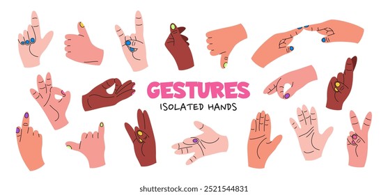 Set of human hands with different gestures and positions. Hands with different skin tones showing like, dislike, OK, rock, fist and other signs. Isolated vector illustrations on a white background.