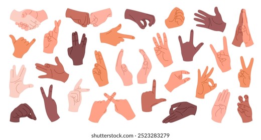 Set of human hands with different gestures and positions. Hands with different skin tones showing rock sign, high five, greeting and other signs. Isolated vector illustrations on a white background.