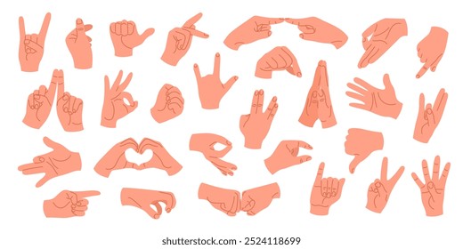 Set of human hands with different gestures and positions. Hands showing rock sign, high five, greeting, love, OK, fist and other signs. Isolated vector illustrations on a white background.