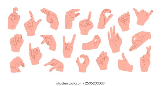 Set of human hands with different gestures and positions. Hands showing rock sign, OK and luck signs, greeting, call me, like, fist and other signs. Isolated vector illustrations on a white background