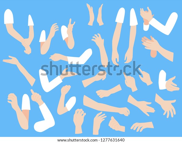 Set of human hands with different gestures\
collection for design, animation,Palm and finger draw icons, skin,\
white Long sleeved shirt, arm on blue background, flat style\
cartoon vector\
illustration.