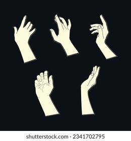 Set von menschlichen Händen mit verschiedenen würdevollen Gesten. hellfarbene Handsilhouetten auf schwarzem Hintergrund. Vektorgrafik