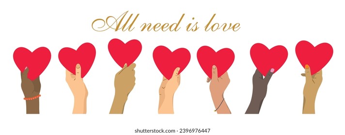 A set of human hands of different nationalities with heart-shaped valentines. Hands donate hearts. Charity, volunteer and community help symbol with hand gives heart.  Vector illustrated clipart.