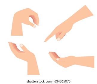 Set of human hands in different poses on white background. Flat design vector illustration
