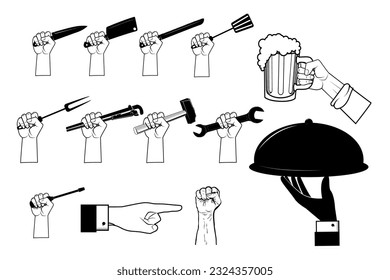 Set of human hands with different tools. Hand with beer mug. Hands with work tools. Design elements in vector.