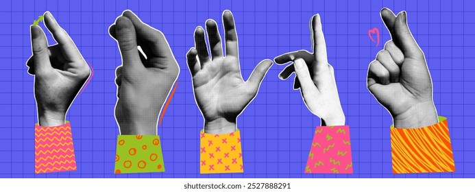 Set of human hands with doodle elements. Gesture signs. Vintage halftone effect.