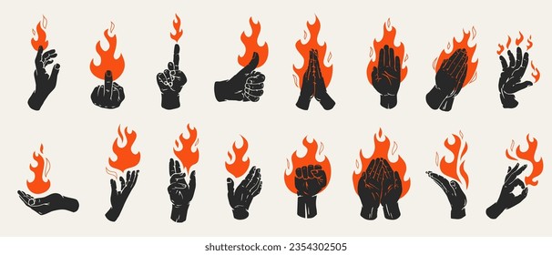 Set human hands with fire or flame in retro flat style. Collection different vector illustration for tattoo, print. Various vintage color art composition.