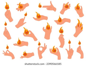 Set human hands with fire or flame. Fire elements. Colorful vector illustration