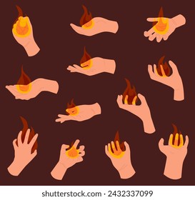 Set human hands with fire or flame. Fire elements. Colorful vector illustration