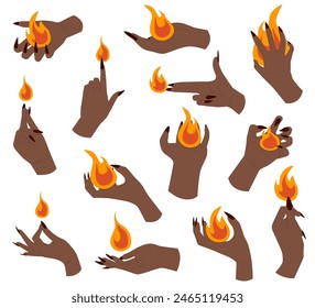 Pon las manos humanas con fuego o fuego. Manos femeninas sosteniendo la llama, Elementos de fuego. Ilustración vectorial colorida