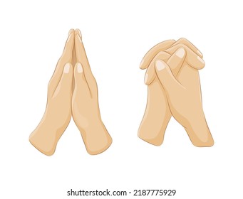 Set of human hands folded in prayer gestures. Human hands praying to god with faith and hope. Religion and holy catholic christian symbols cartoon vector