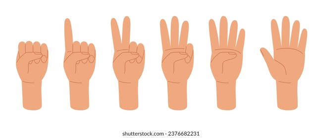 Set human hands gestures counting number zero, one, two, three, four, five. Vector illustration in doodle style 