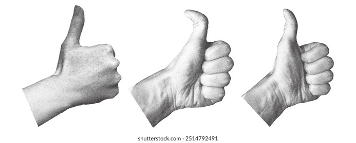 Set of human hands gestures with retro photocopy effect. Thumbs up. Y2k collage design