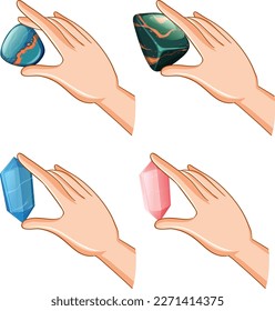 Set of human hands with healing crystals illustration