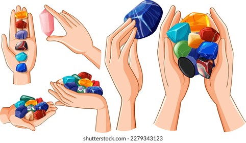 Set of human hands with healing crystals illustration
