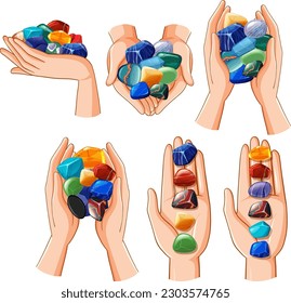 Set of human hands with healing crystals illustration