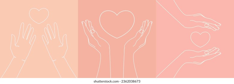 Set of Human hands with a heart. Love and care emblem. Symbolizing love and charity. Valentine Day template. Vector illustration