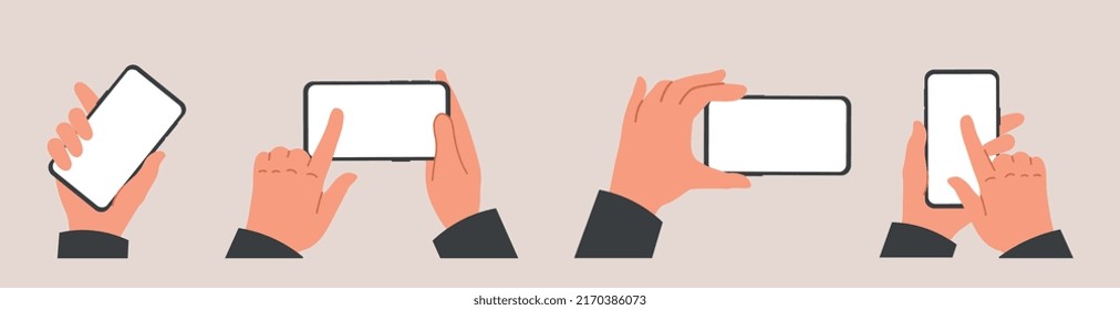 Set of Human hands hold mobile phone. Female or male palms hold smartphones with blank screens and touch with fingers. Design for advert. Cartoon flat vector collection isolated on beige background