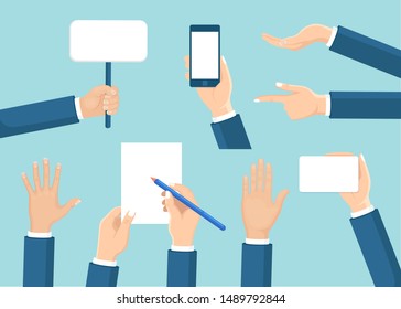 Set of human hands hold placard, phone, document, pencil isolated on background. Various gestures. Business man arm in different positions. Vector cartoon design 