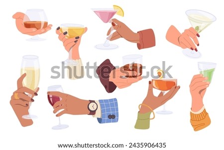 Set of human hands holding alcoholic drinks in glasses, bar cocktail and strong alcohol beverage