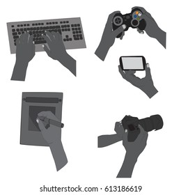 Set  of human hands holding black, holding a camera, smart phone, game, Computer keyboard, 
Isolated on white background