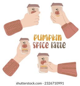 Set of human hands holding cups of hot drink. Pumpkin spice latte with whipped cream and cinnamon. Vector illustration