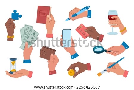 Set of human hands holding different stuff, phone, credit card, coin, wine glass, loupe, pen, banknotes, wallet, book. Hand drawn vector illustration isolated on white background, flat cartoon style.