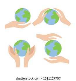 Set of Human hands holding earth globe on white background. Happy Earth day. Ecology Concept. Vector illustrations. 