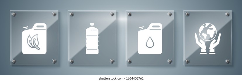 Set Human hands holding Earth globe, Canister for gasoline, Plastic bottle and Bio fuel canister. Square glass panels. Vector