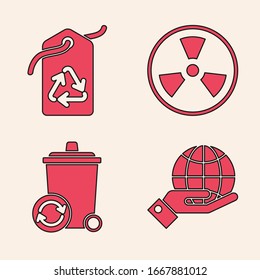 Set Human hands holding Earth globe, Tag with recycle symbol, Radioactive and Recycle bin with recycle symbol icon. Vector