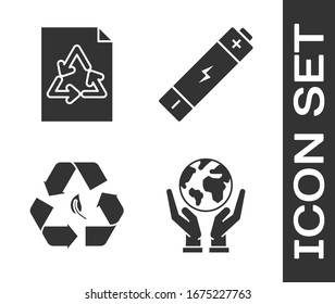 Set Human hands holding Earth globe, Paper with recycle, Recycle symbol and leaf and Battery icon. Vector