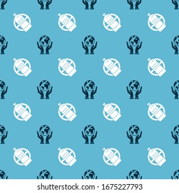 Set Human hands holding Earth globe and No plastic bottle on seamless pattern. Vector