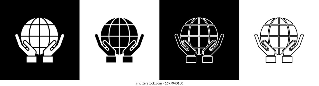 Ponga manos humanas que sujetan el icono del globo terrestre aislado en fondo blanco y negro. Salvemos el concepto de tierra. Ilustración vectorial