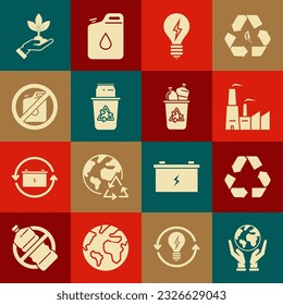 Ponga manos humanas en el globo terrestre, símbolo de reciclaje, fábrica, bombilla de luz con relámpago, lata de reciclaje, sin bote de gasolina, Planta de protección ambiental e ícono. Vector