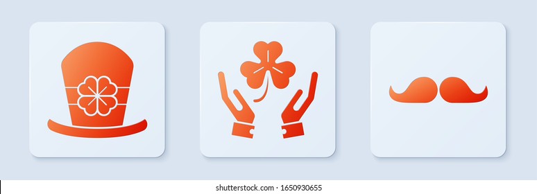 Set Human hands holding four leaf clover, Leprechaun hat and four leaf clover and Mustache. White square button. Vector