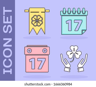 Set Human hands holding four leaf clover, Four leaf clover and party pennant, Saint Patrick's day with calendar and Saint Patrick's day with calendar icon. Vector