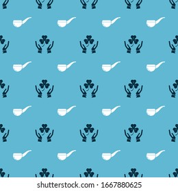 Set Human hands holding four leaf clover and Smoking pipe on seamless pattern. Vector