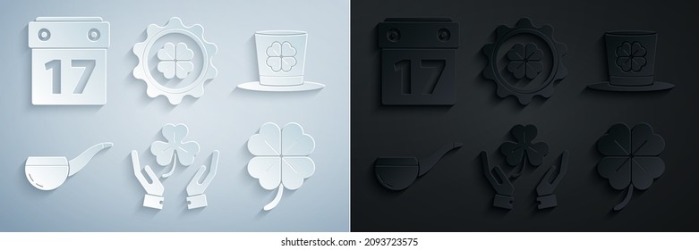 Set Human hands holding four leaf clover, Leprechaun hat, Smoking pipe, Four, Bottle cap with and Saint Patrick's day calendar icon. Vector