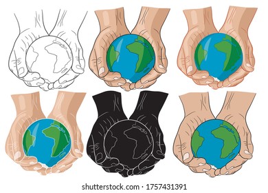 Set of human hands holding a globe. Earth in the palm of man. . Travel icon. Power over the concept of the world. Earth Day. Vector illustration on a white background.