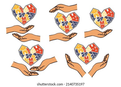 Set of human hands holding a heart in the form of houses. Concept about home care. Vector illustration.