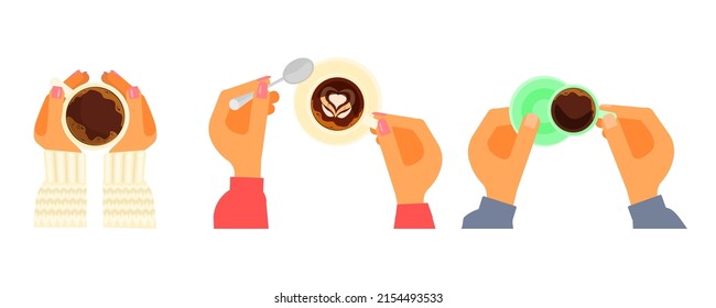Un grupo de manos humanas están sosteniendo una taza caliente de café con vista superior. El concepto de tiempo del café aislado en un fondo blanco. Ilustración de vectores de arte plano