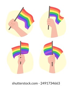 Set of Human Hands Holding LGBT Rainbow Flags for Gay Pride Concept Illustration