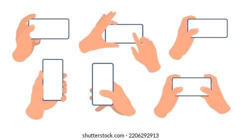 Set Of Human Hands Holding Mobile Phone. Finger Touching, Tapping, Scrolling And Swipe Smartphone Screen. Flat Vector Illustration Isolated On White Background.