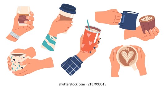 Set of Human Hands Holding Mugs Isolated on White Background. Male and Female Palms with Different Cups with Hot and Cold Refreshing Drinks Coffee, Tea or Juice Beverages. Cartoon Vector Illustration